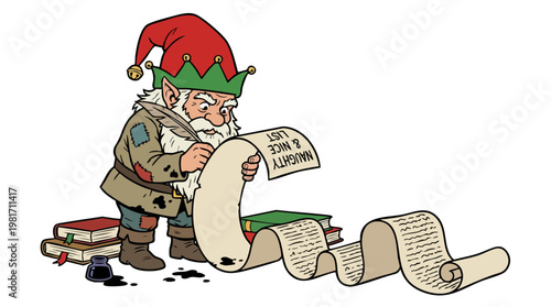 Busy Christmas gnome writing on a long naughty and nice list
