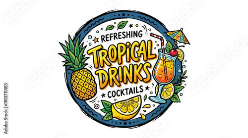 Refreshing Tropical Drinks Cocktails Badge Illustration