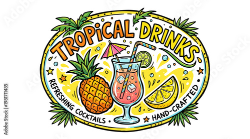 Tropical Drinks Badge with Cocktail Pineapple and Citrus Fruit