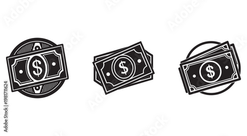 Black and white illustration of dollar bills and coins for business and finance concepts  money icons in simple line style