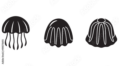 Black and white illustration of jellyfish in various styles and poses  simple designs