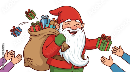 Kind Christmas gnome distributing gifts from a sack