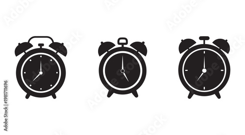 Black and white illustration of three classic alarm clocks with different times on white background  clocks have bells on top and hour and minute hands  no brand logos