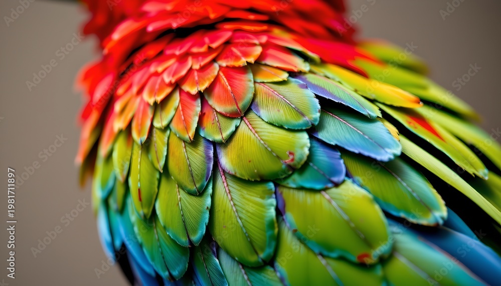 Obraz premium The image features a close up view of a bird's colorful feathers, showcasing a vibrant spectrum of colors from red and orange at the top to green, blue, and purple towards the bottom