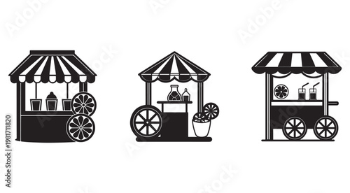 Black and white illustration of three different lemonade carts with striped awnings and various drink supplies on white background  food and beverage vendor carts