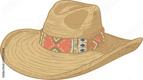 Wide brimmed straw hat with colorful patterned band vector