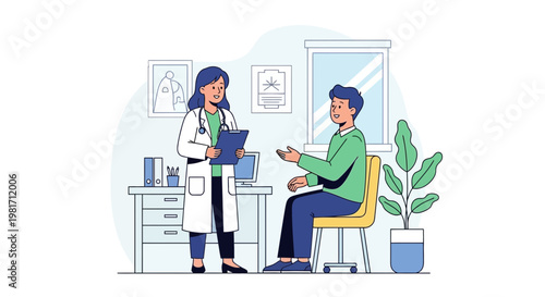 Doctor consulting patient in clinic, medical consultation, healthcare concept illustration