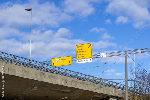 Photography Oslo Road Signs Yellow Highway Directional Infrastructure Concrete Overpass Norw