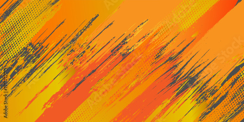 Spanduk horizontal lebar abstrak abu-abu gelap dengan kisi serat karbon segi enam dan garis-garis oranye bercahaya. Latar belakang vektor teknologi dengan garis neon oranye eps 10