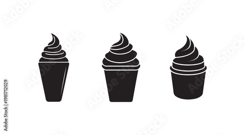 Black and white illustration of three soft serve ice cream cones with different swirls on top  ice cream  dessert  sweet treat