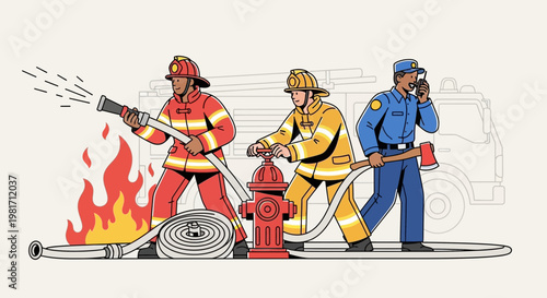 Firefighters battling blaze with hose, axe, and hydrant, emergency response team