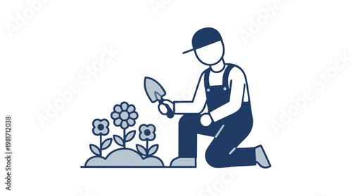 Gardener kneeling and tending to garden flowers with a trowel