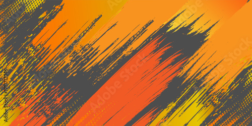 Spanduk horizontal lebar abstrak abu-abu gelap dengan kisi serat karbon segi enam dan garis-garis oranye bercahaya. Latar belakang vektor teknologi dengan garis neon oranye eps 10