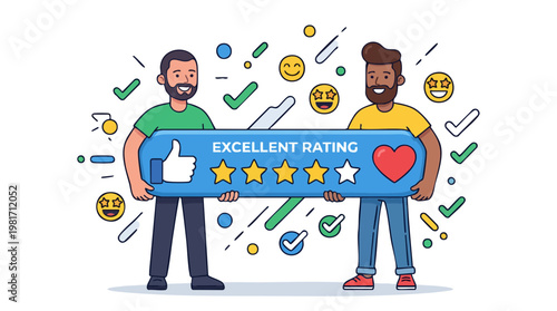 Two Men Holding Excellent Rating Feedback Bar Illustration