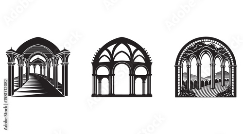 Black and white illustrations of architectural arches and columns  ancient building designs  decorative structures