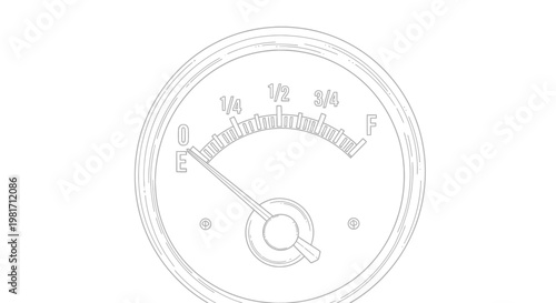 Monochrome line art drawing of a classic analog fuel gauge with the needle on empty, symbolizing low fuel, efficiency, or need to refuel.