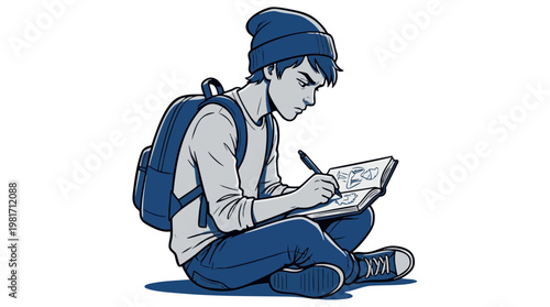 Young Artist Sketching in Notebook Sitting Cross-Legged