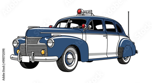 Classic American Police Car Illustration. Retro Vintage Law Enforcement Vehicle Drawing with Siren and Lights.