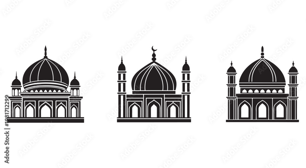 Obraz premium Black and white illustrations of different mosque architectures with domes and minarets various Islamic building designs