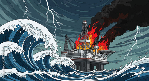 Oil rig ablaze during a violent storm with huge waves and lightning strikes.