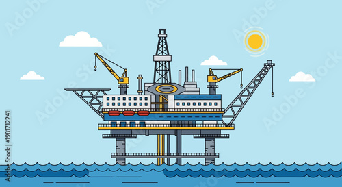 Offshore oil drilling platform in the ocean under a sunny sky with clouds