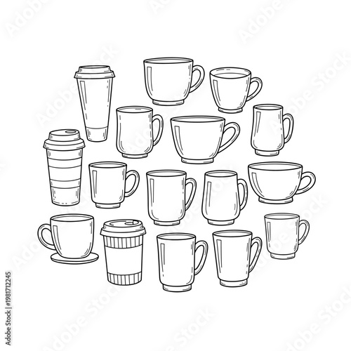 Hand Drawn Coffee Mug and Tea Cup Icon Set Line Art Illustration