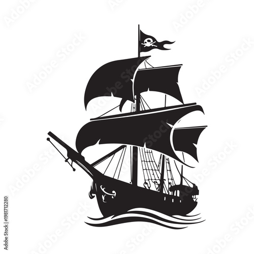 Black silhouette of a pirate ship with skull and crossbones flags sailing on the sea waves.