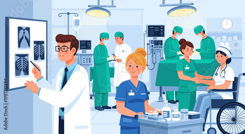 Medical Team Discussing X-rays in Operating Room