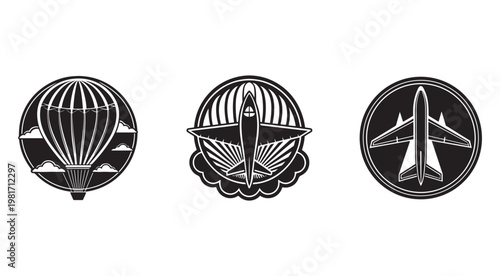 Black and white illustrations of hot air balloon airplane and jet plane flying in the sky with clouds