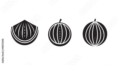 Black and white illustrations of melons and a slice on white background  fruit icons