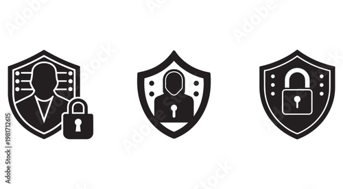 Black and white security icons with shields and locks and users  protection and safety symbols