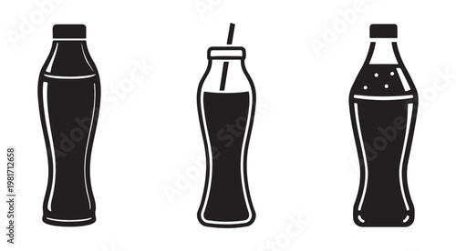 Black and white soda bottles with different designs  three bottles with and without straws and bubbles