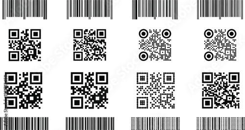 Barcodes and QR codes are arranged in a grid pattern to represent modern digital identification systems.