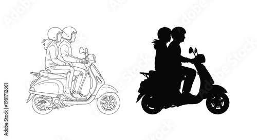 Vector graphic illustration of a couple riding together on a classic moped scooter in profile view