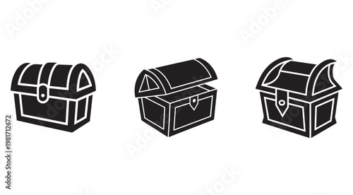 Black and white treasure chest icons in different positions  closed and opened  on white background