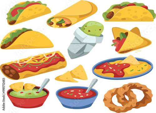 Mexican food set with tacos, burritos, enchiladas and nachos, traditional spicy cuisine vector illustration collection