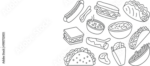 Fast food and snacks sketch set, tacos, hot dog and sandwiches, vector line art illustration