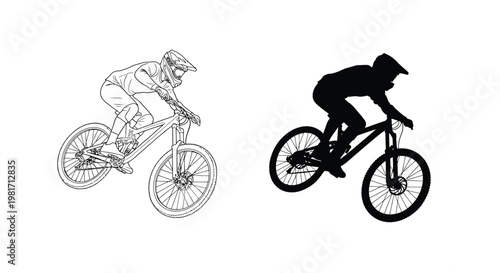 Skilled mountain biker performing an extreme jump in this clean black and white vector illustration design