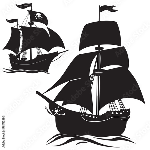 Set of black silhouettes of old sailing ships and pirate schooners on a white background.