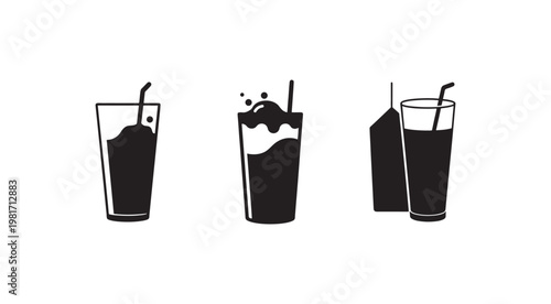 Black drink glasses with straws and carton illustration  various drinking glasses with straws and a carton