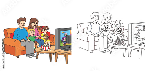 Happy family watching television on sofa at home with popcorn illustration and line art coloring page for kids