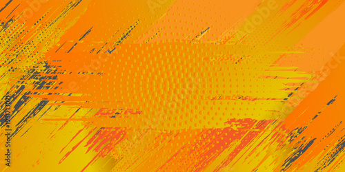 Spanduk horizontal lebar abstrak abu-abu gelap dengan kisi serat karbon segi enam dan garis-garis oranye bercahaya. Latar belakang vektor teknologi dengan garis neon oranye eps 10