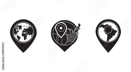 Black map pin icons with world and continent maps inside  location and geography symbols