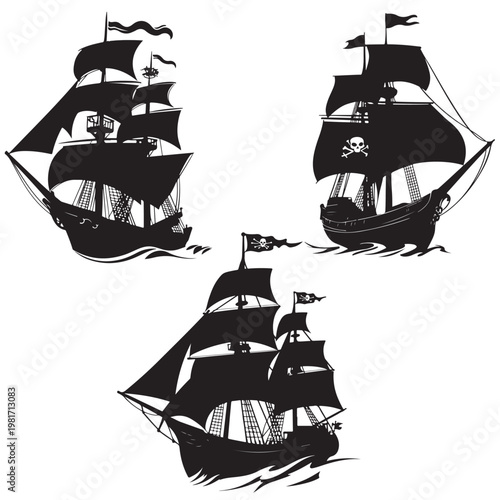 Set of black silhouettes of old sailing ships and pirate schooners on a white background.