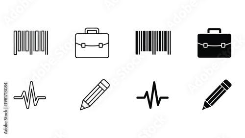 Contrasting icons of barcodes, briefcases, sound waves, and pencils in black and white styles