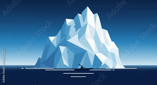 Large geometric iceberg with tiny boat and kayaker floating in vast blue ocean, minimalist vector illustration, hidden danger concept