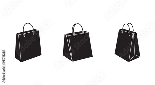 Black shopping bags with handles in different angles for retail and consumerism concepts  shopping bags with white outlines