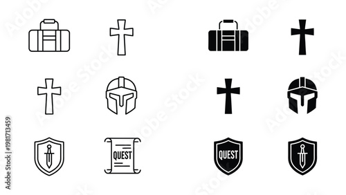 Contrasting icon sets of religious symbols, armor, and quest items in light and dark styles