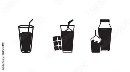 Black silhouettes of chocolate milk drinks and chocolate bars on white background  beverage icons