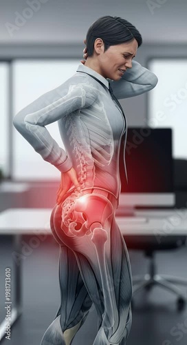 Woman experiencing back pain with anatomical visualization